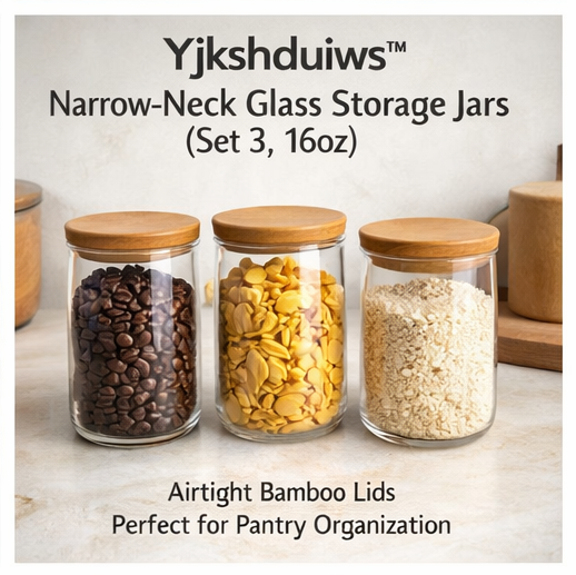 Yjkshduiws™ Narrow-Neck Glass Storage Jars - Set of 3, 16oz Minimalist Clear Glass Canisters with Airtight Bamboo Lids, BPA-Free, Food-Safe for Coffee, Pasta, Spices, and Pantry Organization