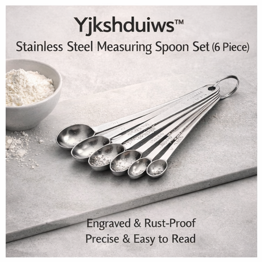 Yjkshduiws™ Stainless Steel Measuring Spoon Set - 6-Piece Precision Kitchen Measuring Tools, Engraved Markings, Rust-Proof, Minimalist Polished Finish for Baking, Cooking, and Coffee