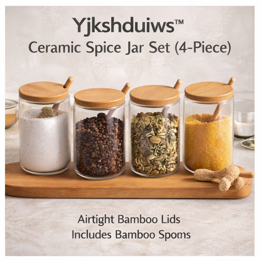 Yjkshduiws™ Ceramic Spice Jar Set - 4-Piece Minimalist White Ceramic Canisters with Bamboo Lids and Spoons, Airtight Seal, Food-Safe for Salt, Pepper, Herbs, and Spices