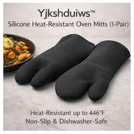 Yjkshduiws™ Silicone Heat-Resistant Oven Mitts - 1-Pair Minimalist Black Oven Gloves, Non-Slip Grip, Heat-Resistant up to 446°F, BPA-Free, for Cooking, Baking, and Grilling