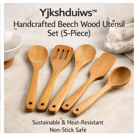 Yjkshduiws™ Handcrafted Beech Wood Utensil Set - 5-Piece Minimalist Kitchen Tools, Non-Stick Safe, Heat-Resistant, Sustainable Wooden Spoons, Spatulas, and Slotted Spoon for Cooking & Serving