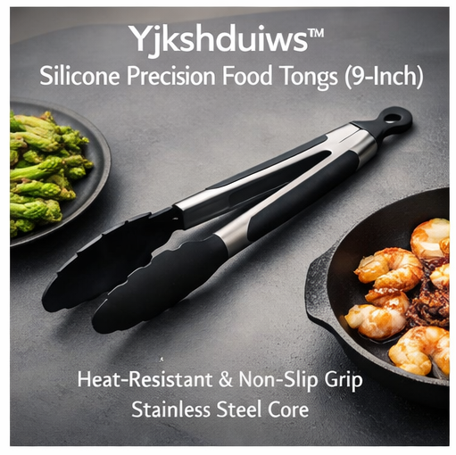 Yjkshduiws™ Silicone Precision Food Tongs - 9-Inch Heat-Resistant Kitchen Tongs, Non-Slip Grip, Stainless Steel Core, BPA-Free, Minimalist Black Finish for Grilling, Frying, and Serving